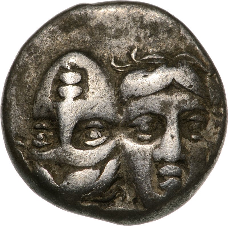Moesia Inferior, Istros, AR Drachm (4.4 g), early 4th: Facing male heads, one inverted / Sea-eagle left over dolphin. AMNG 416. VF Country:ancient Greece – Thrace