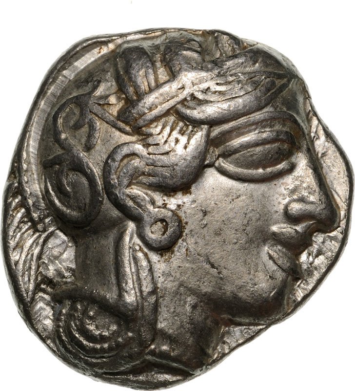 Athens, AR Tetradrachm (26 mm, 17.0 g), after 449 BC: Head of Athena right / Owl standing right. SNG Cop. 31. XF, good style, small test cut and two graffiti on the reverse Country:ancient Greece – Attica