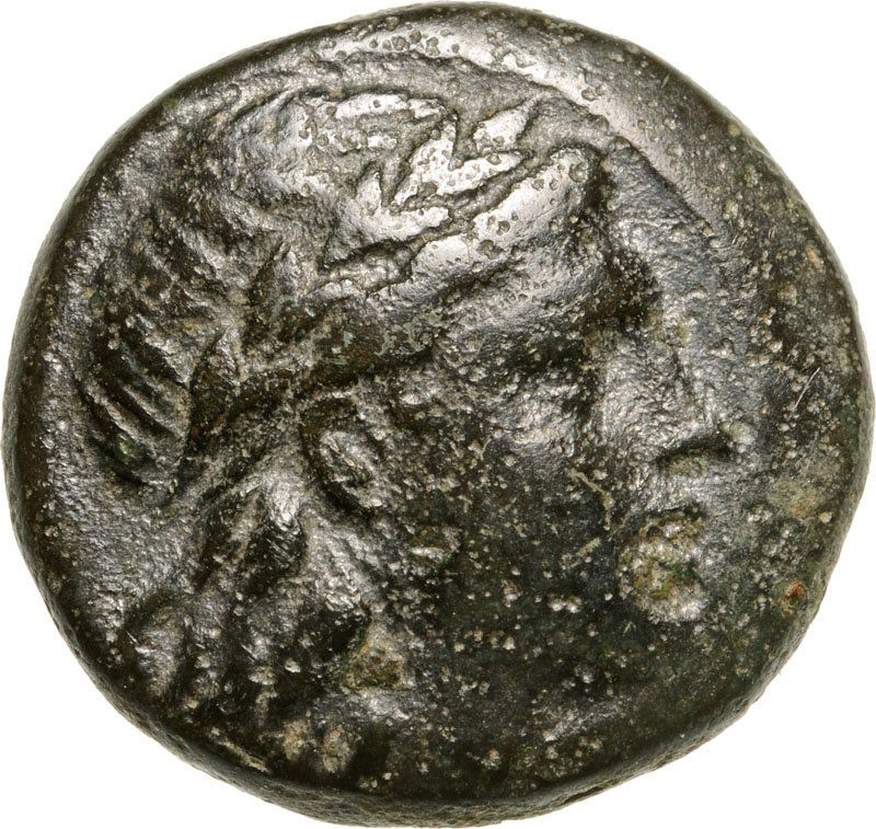 Myrina, AE15 (4.23 g), 2nd-1st Century BC: Head of Apollo right / Amphora between MY – PI. SNG v. Aulock 1666. VF+ Country:ancient Greece – Aeolis