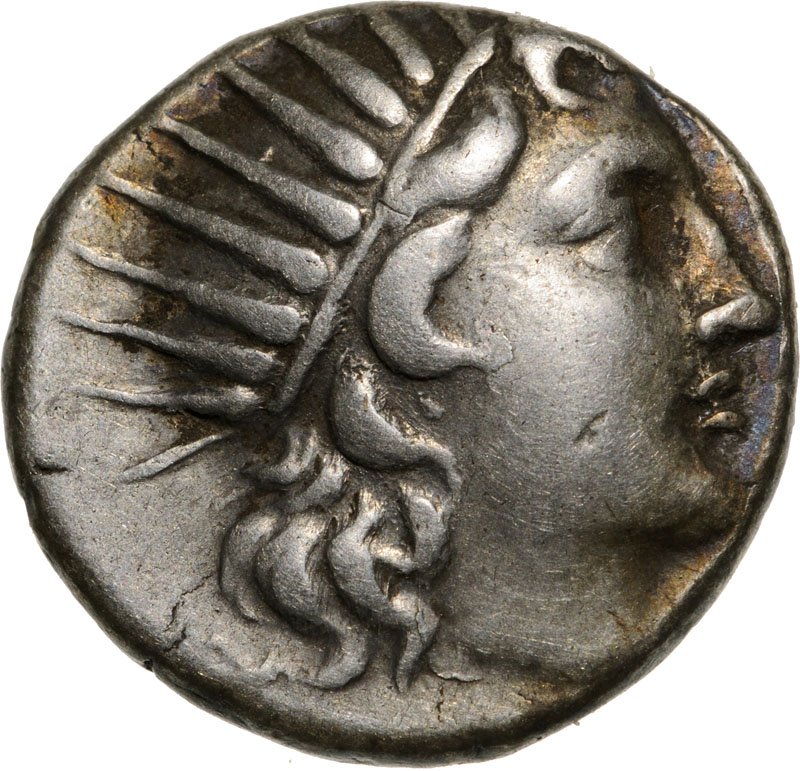 Rhodes, AR Drachm (17 mm, 2.77 g), 188-170 BC: Head of Helios right / Rose in incuse square, magistrate name ANA??OTO?. SNG Keckman 630. XF Country:ancient Greece – Islands off Caria