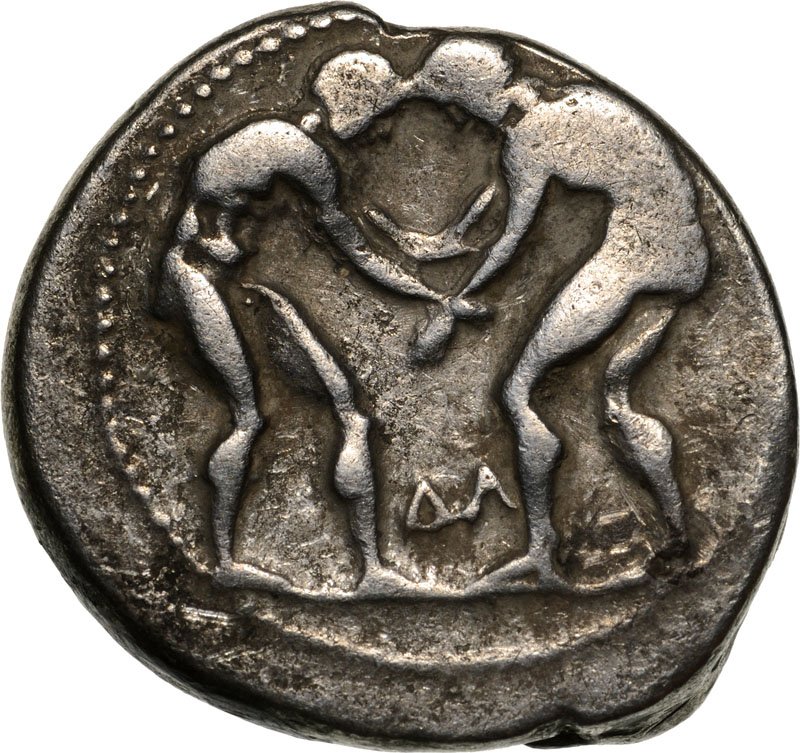 Aspendos, AR Stater (22 mm, 10.8 g), 370-330 BC: Two wrestlers, ?? between them / slinger to right. SNG Paris 101. VF Country:ancient Greece – Pamphylia
