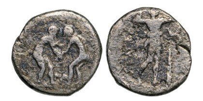 Selge, AR Stater (8.60 g), 300-190 BC: Two wrestlers / Slinger right, triskeles and club in field. SNG Paris 1941. F+ Country:ancient Greece – Pisidia