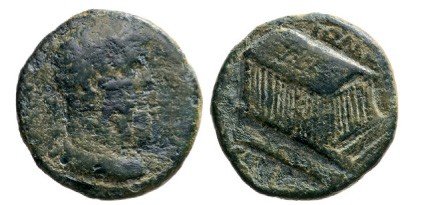 Syria Coelesyria, Heliopolis. AE23 (8.48 g), after 211: Head of divus Septimius Severus right / Temple of Jupiter Heliopolitanus. BMC 3. R! F/VF Country:ancient Greece – Syria