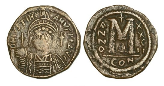 AE Follis (17.65 g), Constantinople Mint: Bust facing / large M between ANNO and regnal year (year 28). Sear 163 VF Country:BYZANTINE COINS