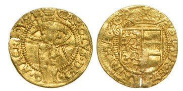 Archiduke Charles (1564-1590), Ducat 1579, Klagenfurt,: Duke standing with scepter and sword / Crowned Carinthian coat of arms within beaded circle, date at end of the legend. Crease mark with hole! MzA 65, Fr. 54. VF Country:AUSTRIA