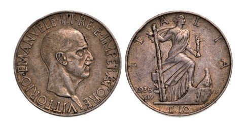 Vittorio Emanuele III (1900-1946), 10 Lire 1936 R,: KM 80. VF+ Country:ITALY