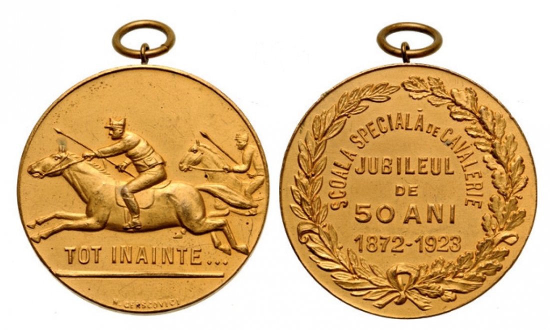 Ferdinand I-50th Jubilee of the Special Cavalry School: Medal 1923, signed by M. Gerscovici, Gilt metal (41 mm, 27.23 g). XF+ Country:ROMANIA