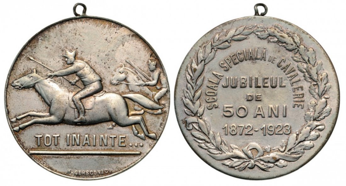 Ferdinand I-50th Jubilee of the Special Cavalry School,: Medal 1923, signed by M. Gerscovici, White metal (41 mm, 20.50 g). XF Country:ROMANIA