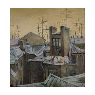 A RUSSIAN OIL PAINTING BY SHANNIKOVA E: "Roofs winter". An oil on canvas. Signed in Cyrillic at the back Shannikova E "Roofs winter" 2002. Presented in frame. Shannikova E (RUSSIAN 20TH CENTURY) Russian painting of