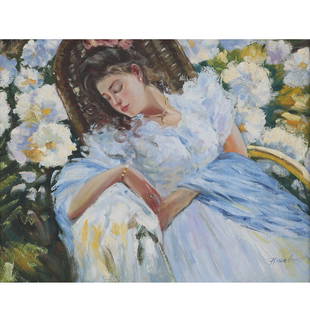 A RUSSIAN OIL PAINTING BY PAVLOV: "In the garden". An oil on canvas. Signed on the front in Cyrillic "Pavlov", signed in Cyrillic at the back, Pavlov, "In the garden".Presented in frame. Russian painting of the 20th century.