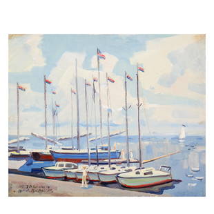 A RUSSIAN OIL PAINTING BY NETASHKIN VLADIMIR: An oil on canvas. Yachts at the pier. Signed on the front in Cyrillic "Netashkin Vladimir", signed in Cyrillic at the back, Netashkin Vladimir. Russian painting of the 20th century.