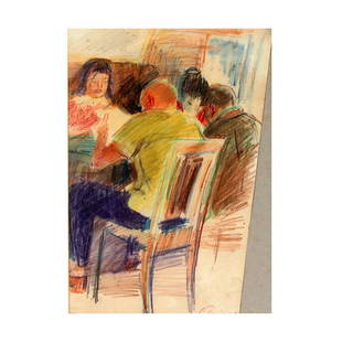 A RUSSIAN PAINTING BY RUDAKOV SERGEY: An Ñolored pencils on paper. People sitting at the table. Signed on the front in Cyrillic "S Rudakov". Presented in frame. Rudakov Sergey Konstantinovich (1929 - 2000), Russian painter, graphic