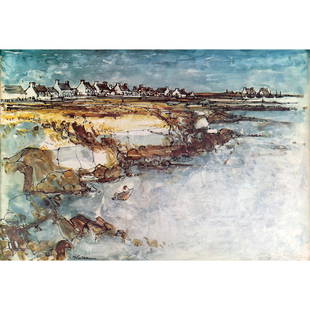 A FRENCH OIL PAINTING BY CUTEAU J B: An Watercolor on cardboard. Sea surf in the countryside. Signed on the front in Latin "J B Cuteau". Presented in frame. French painting of the 20th century.