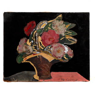 A BRITISH OIL PAINTING BY MC GREGOR: An oil on canvas. Still life, vase with flowers. Signed on the front in Latin "Mc Gregor". British painting of the 20th century.