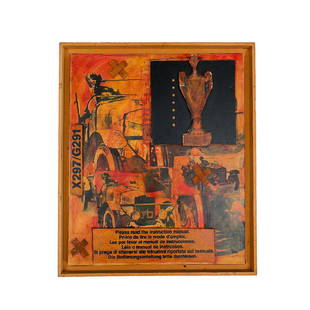A COLLAGE SIGNED BY THE ARTIST: "Accident de Parcours". An oil on canvas and cardboard. Signature of the artist on the front. Signed in Latin at the back "Accident de Parcours" 1994 and signed by the artist. Presented in frame.