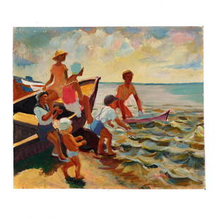 A RUSSIAN OIL PAINTING BY CHERNOV EVGENY: "Children by the sea". An oil on canvas. Signed in Cyrillic at the back E Chernov "Children by the sea" 1999. Evgeny Chernov (1948), Russian painter who immigrated to Paris, where he gained