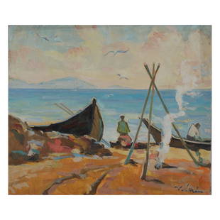 A RUSSIAN OIL PAINTING BY CHERNOV EVGENY: "After fishing". An oil on canvas. Signed on the front in Cyrillic Chernov, signed in Cyrillic at the back Chernov E "After fishing". Evgeny Chernov (1948), Russian painter who immigrated to