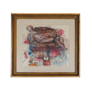 A RUSSIAN WATERCOLOR PAINTING BY CHERNOV EVGENY: Watercolor on paper. Nude woman on the sofa. Signed in Cyrillic at the front "E C". Presented in frame. Evgeny Chernov (1948), Russian painter who immigrated to Paris, where he gained great