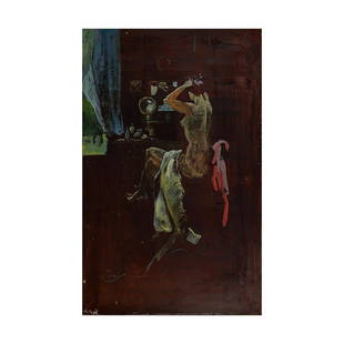 A RUSSIAN OIL PAINTING BY CHERNOV EVGENY: An oil on canvas. Nude woman in front of a mirror. Signed in Cyrillic at the back Chernov Evgeniy. Presented in an wooden frame. Evgeny Chernov (1948), Russian painter who immigrated to Paris, where