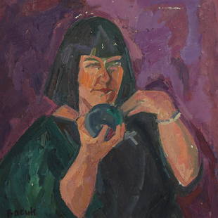 A RUSSIAN OIL PAINTING BY VIKTOR VASIN: An oil on canvas. Woman with apple. Signed in Cyrillic at the front "Vasin". Presented in an wooden frame. Vasin Viktor Fedorovich (1919-1997), Russian painter. Taught: "Moscow Institute of Applied