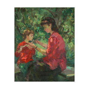 A RUSSIAN OIL PAINTING BY GARIN ALEKSEY: "First lesson". An oil on canvas. Signed in Cyrillic at the back Garin A.A. "First lesson" 1995. Presented in frame. Alexey Alexandrovich Garin (1961) - Russian painter. Personal