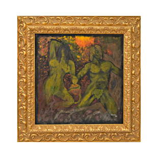 European painting, Miranda, "Forbidden fruit" 1988, oil on fabric.: European painting, Miranda, "Forbidden fruit" 1988, oil on fabric. In the lower right corner, the signature of the artist Miranda and the date 88. Picture in a frame. Forbidden fruit is a name given