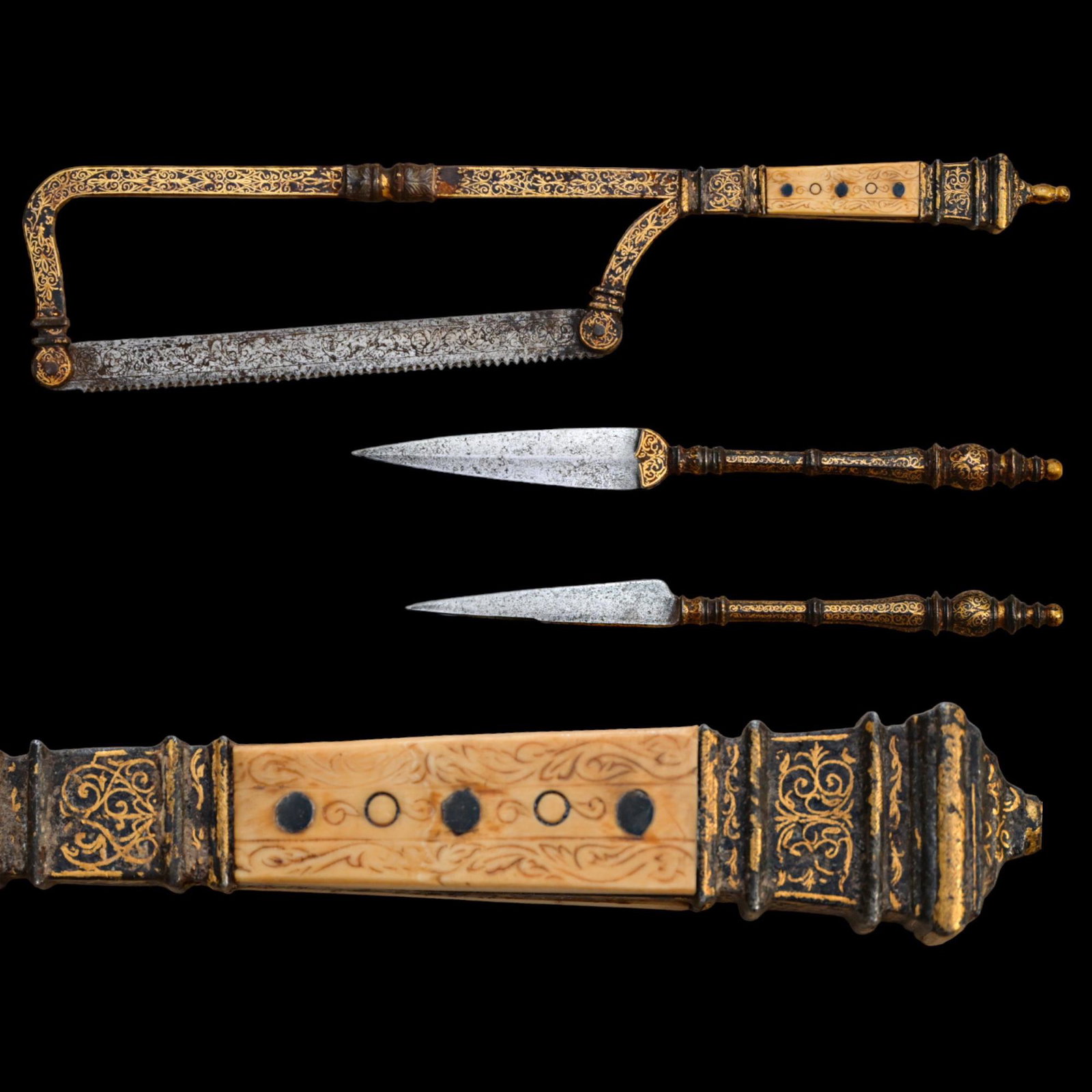 Rare set of surgical instruments in golden inlay,16th century. Probably Diego de Caias: Very rare set of surgical instruments in golden inlay, 16th century. Probably work by of the Spanish-born swordsmith and damascener Diego de Caias. The set consists of a saw and two knives. The saw, m