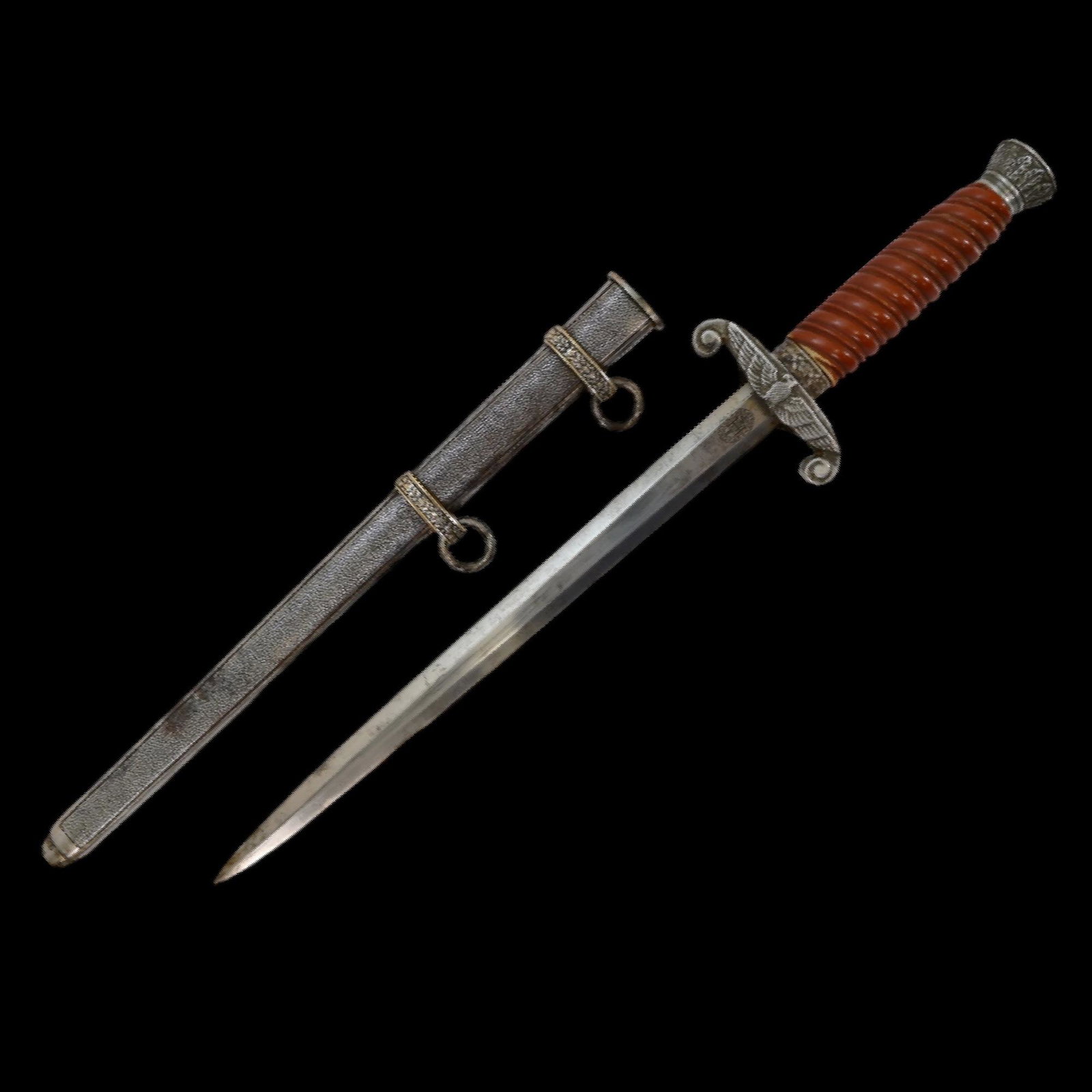 WW2 GERMAN ARMY OFFICER'S DAGGER BY E. & F. HORSTER OF SOLINGEN, 1935 PATTERN. THIRD REICH.: WW2 GERMAN ARMY OFFICER'S DAGGER WITH SCABBARD BY E. & F. HORSTER OF SOLINGEN, 1935 PATTERN. THIRD REICH. Features good condition nickel fittings overall, with dark orange grip and eagle guard. Th