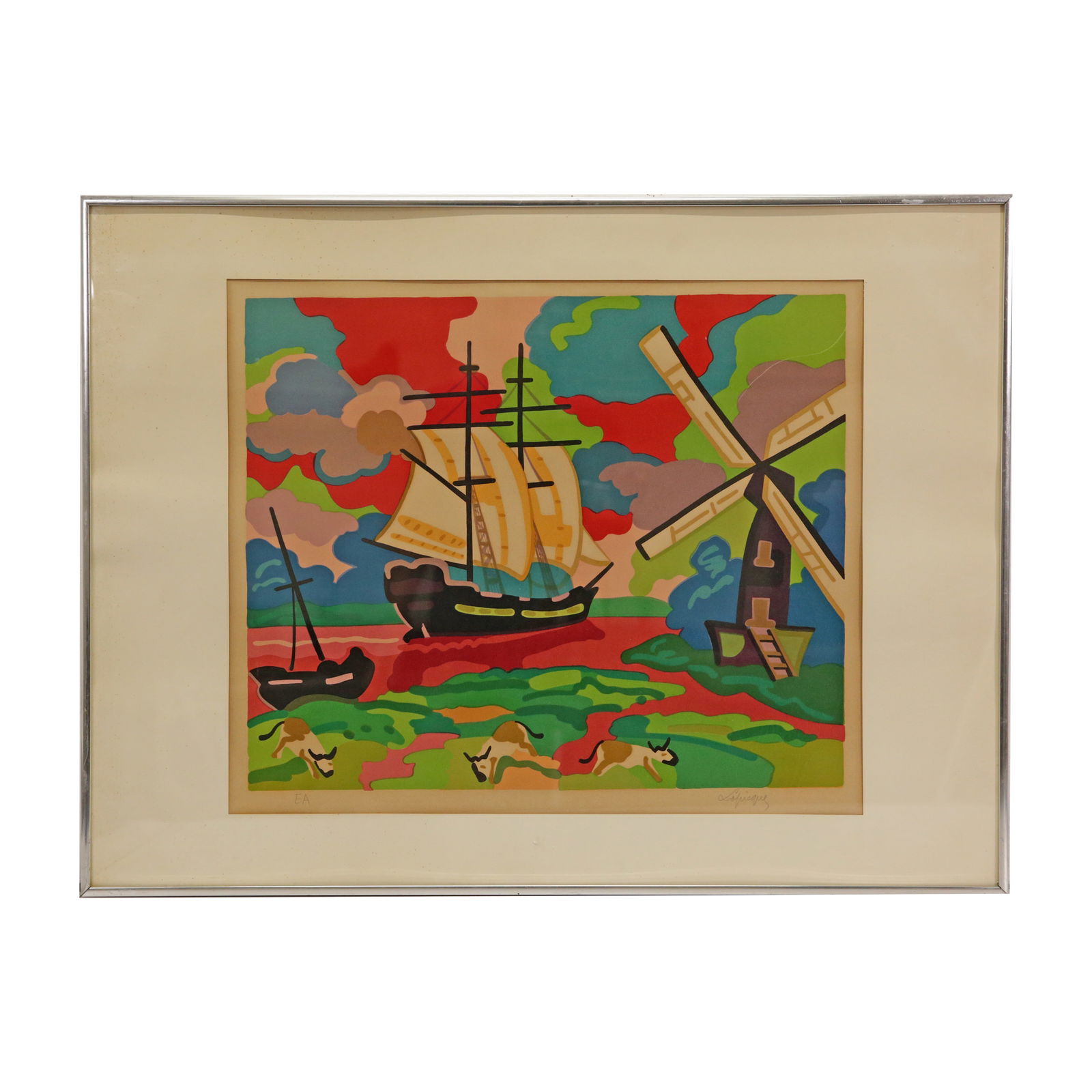 Charles Lapicque (1898 - 1988) "Mill by the sea" Lithograph, 20th century French painting.: Charles Lapicque (1898 - 1988) "Mill by the sea" lithograph, 20th century French painting. Beautiful original lithograph of a seascape by Charles Lapicque. The artist produced some of his first landsc