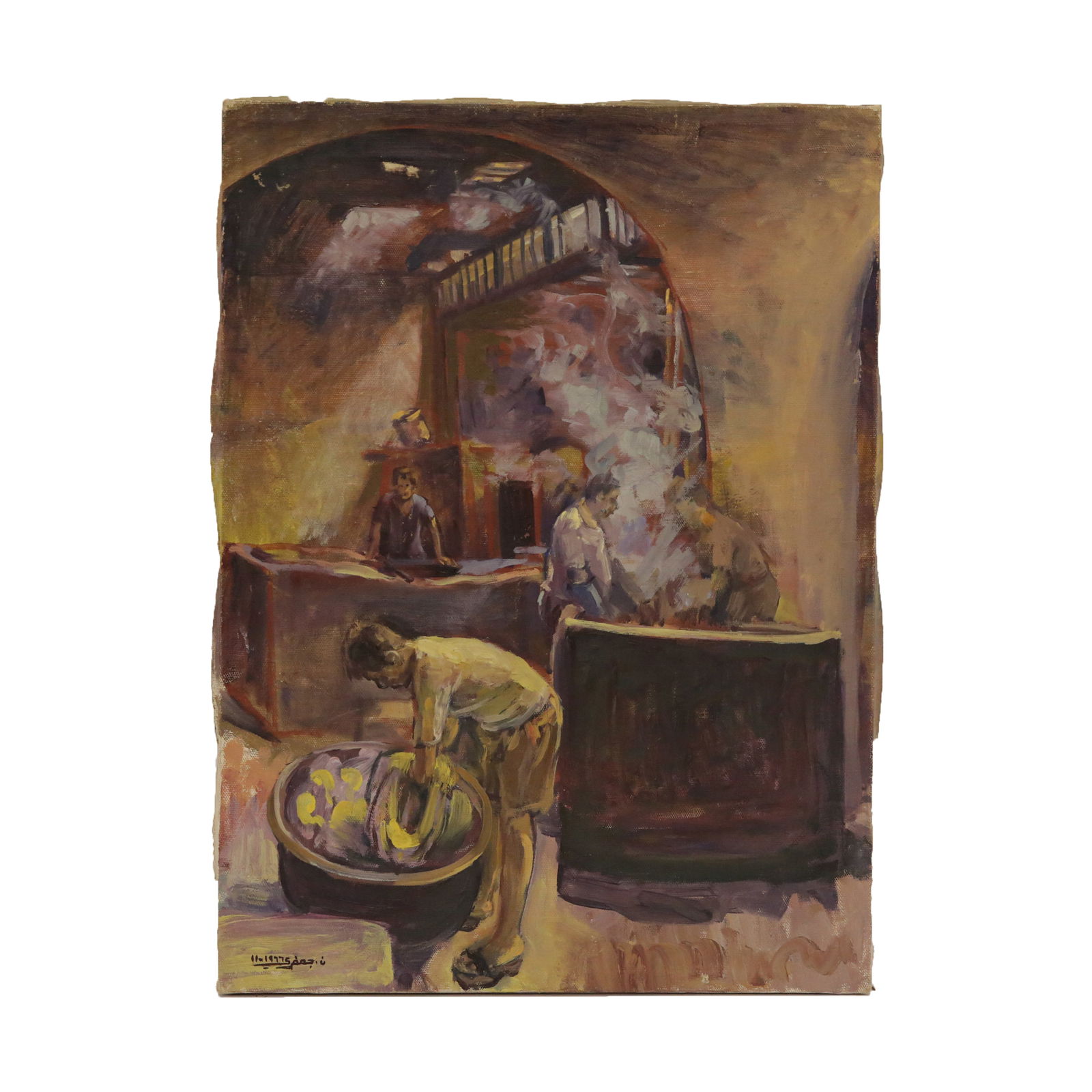 "The dyers" 1977, oil on canvas, Syrian school, signature illegible, Arabic inscription on the back. (1 of 4)