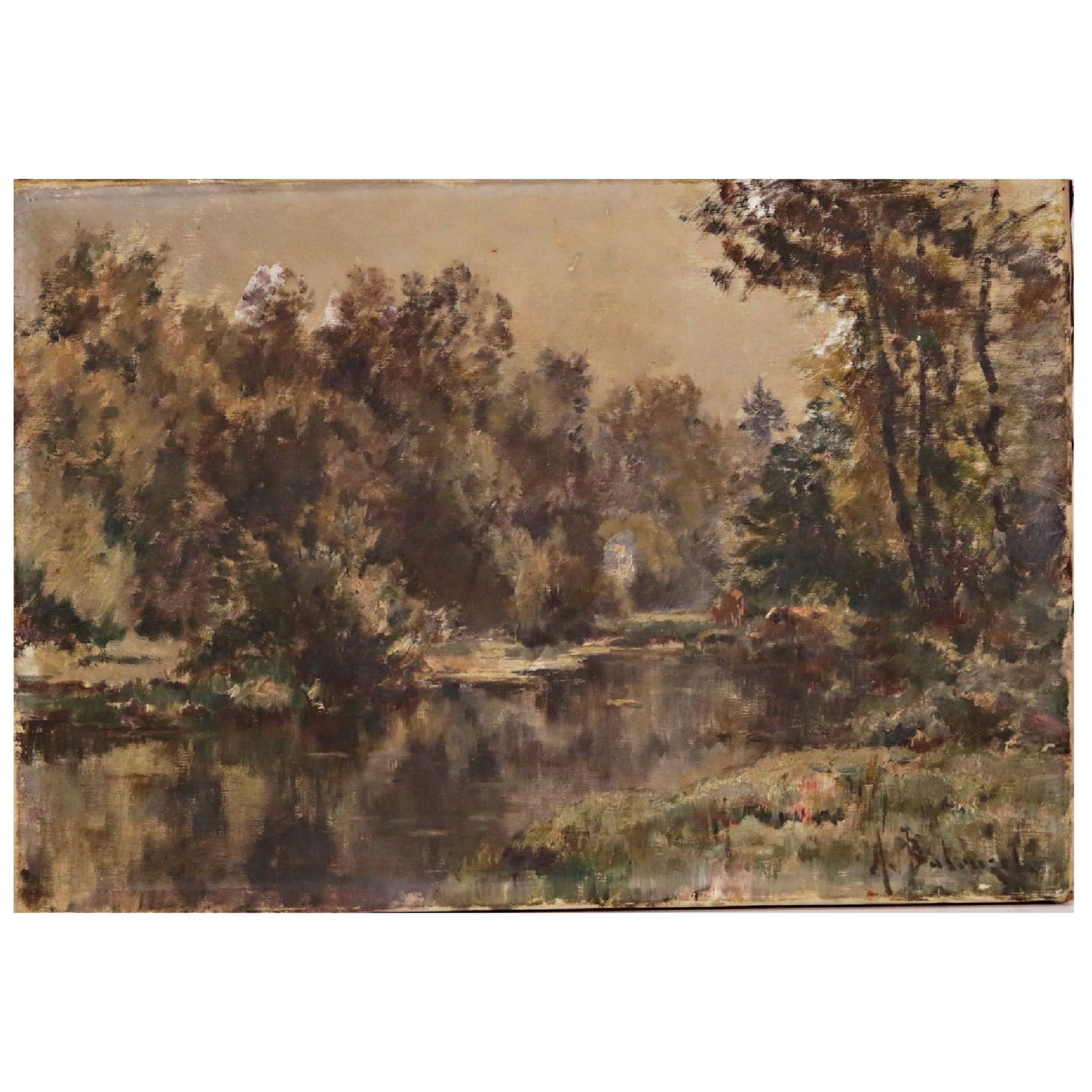 "Landscape at the river", oil on canvas, Barbizon school, French painting of the 19th ?. (1 of 5)