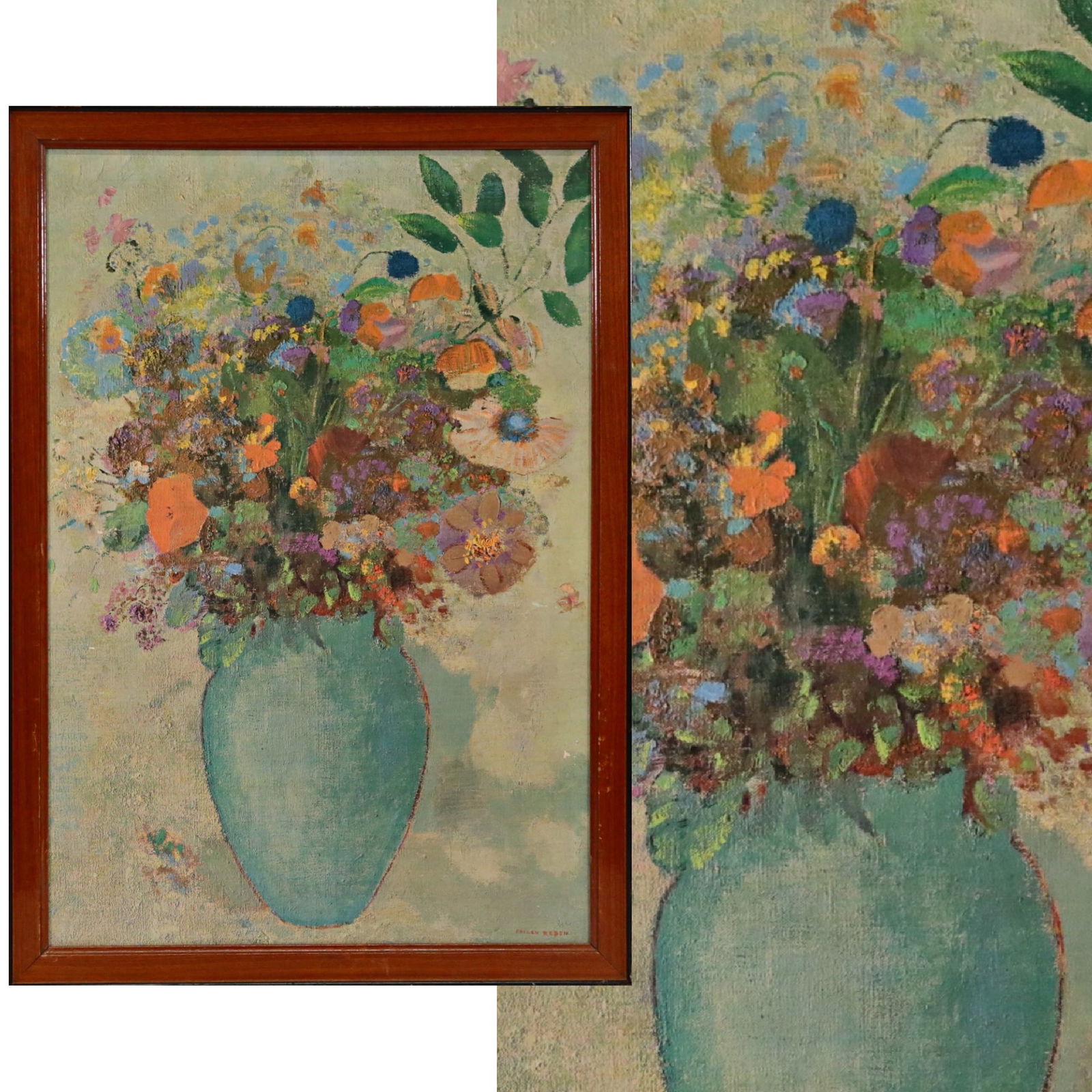 In style Odilon REDON (French 1840-1916) "Still life of bouquet with blue vase", oil on canvas.: In style Odilon REDON (French 1840-1916) "Still life of bouquet with blue vase", oil on canvas. Signed by the author in the lower right corner ODILON REDON, Early 20th C. Odilon Redon 20 April 1840 ��