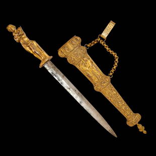 A Very high quality Renaissance Style Brass with gilt Dagger, 19th century.: A Very high quality Renaissance Style Brass with gilt Dagger, 19th century. Straight, double-edged steel blade. The gilt bronze hilt is in the form of a half-naked young man with a dagger in his