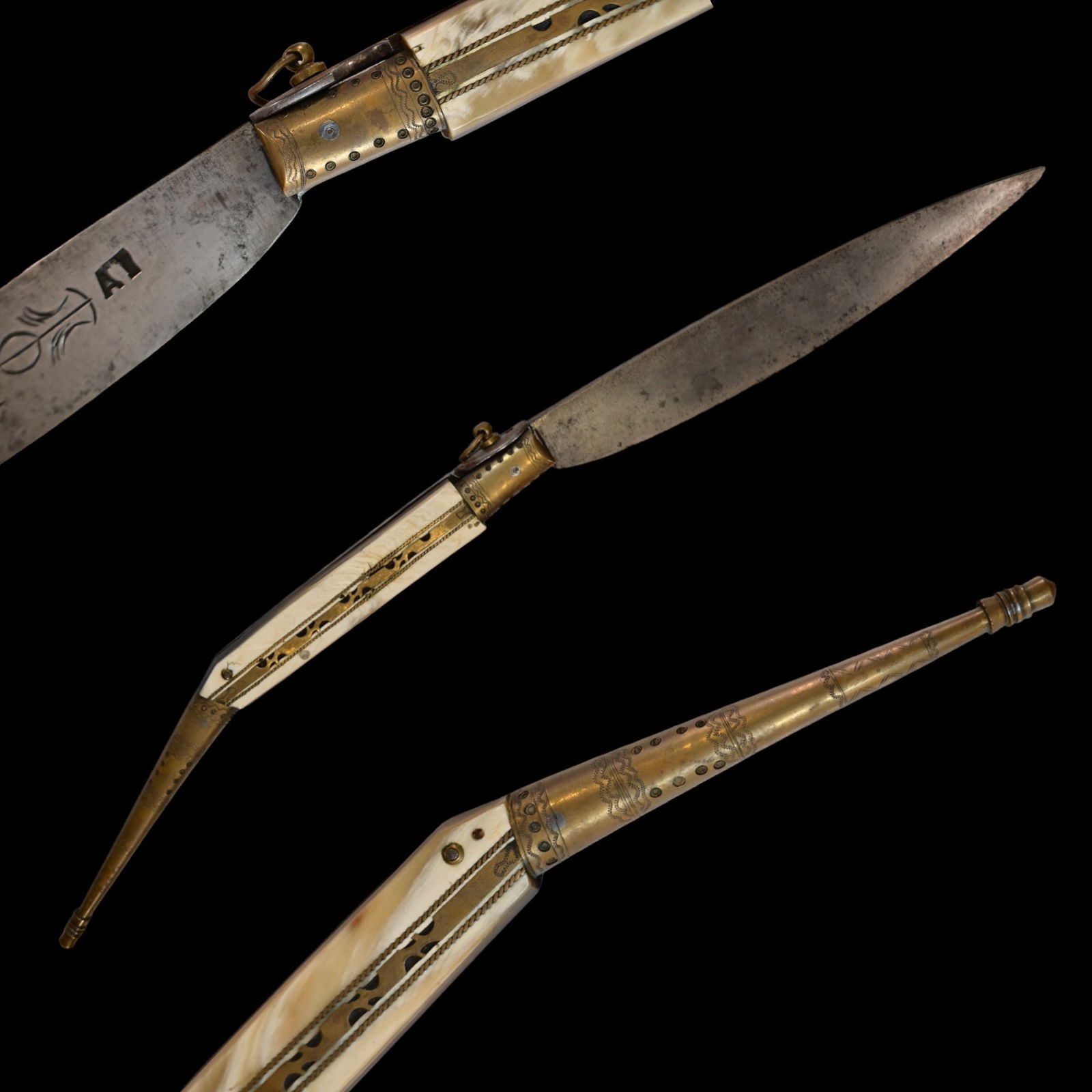 A large Spanish navaja, circa 1900. The steel blade is decorated with engraving.: A large Spanish navaja, circa 1900. The steel blade is decorated with engraving. The blade is marked "AI". The bone plates on the handle and brass fittings. Beautiful Navaja of high quality. Length 53