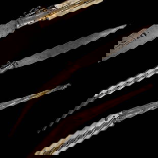 A large Spanish navaja, circa 1900. The steel blade is decorated with engraving.: A large Spanish navaja, circa 1900. The steel blade is decorated with engraving. The blade is marked "AI". The bone plates on the handle and brass fittings. Beautiful Navaja of high quality. Length