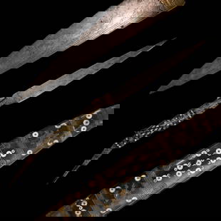 A high quality very large Spanish navaja, 1884.: A high quality very large Spanish navaja, 1884. The steel blade with inscription and date 1884, decorated with engraving. The horn hilt is richly inlaid with bone inlays and silver fittings.