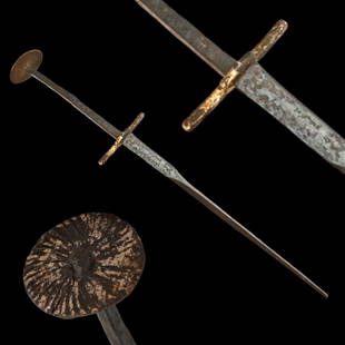 Medieval Dagger 15th century AD.: Medieval Dagger 15th century AD. A steel dagger with straight, tapering blade, with two fullers on each side. Iron guard with ends bent towards the blade and mushroom-shaped pommel. Horn handle. An