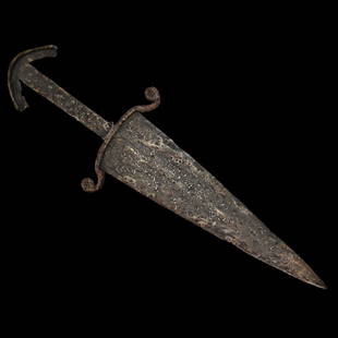 A Medieval Holbein type Dagger 15th century AD.: A Medieval Holbein type Dagger 15th century AD. A steel dagger with straight, double-edged, tapering blade. Iron figured guard and iron pommel. An interesting dagger for collecting from the Middle