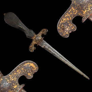 Left hand dagger, France, early 17th century: Left hand dagger, France, early 17th century. Wooden handle, guard inlaid with gold ornaments. Length 35cm