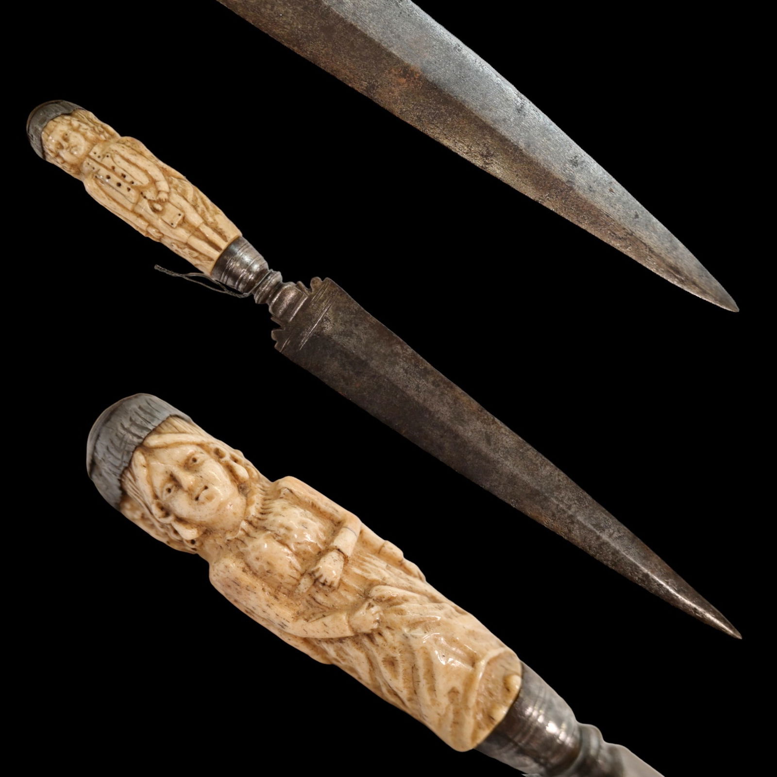 An Italian hunting dagger, 18th century, carved bone handle.: An Italian hunting dagger, 18th century, carved bone handle. A wide steel single-edged blade. The handle is carved from bone in the form of two people standing with their backs to each other. There is