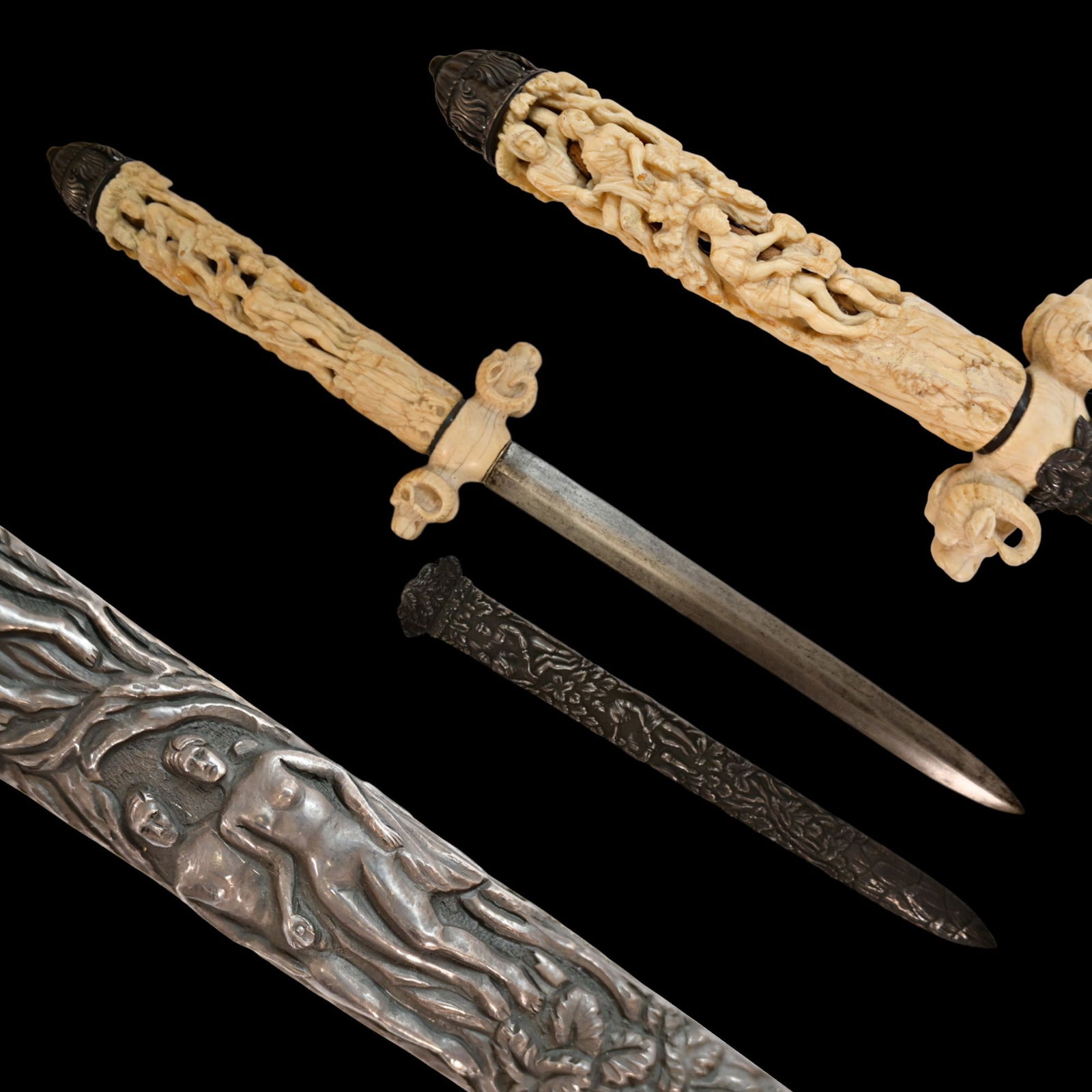 A fine French dagger with carved bone hilt and silver scabbard with erotic scenes, 19th century.: A fine French dagger with carved bone hilt and silver scabbard with erotic scenes, 19th century. Straight double-edged blade. The handle, skillfully carved from bone, contains erotic scenes, chased si