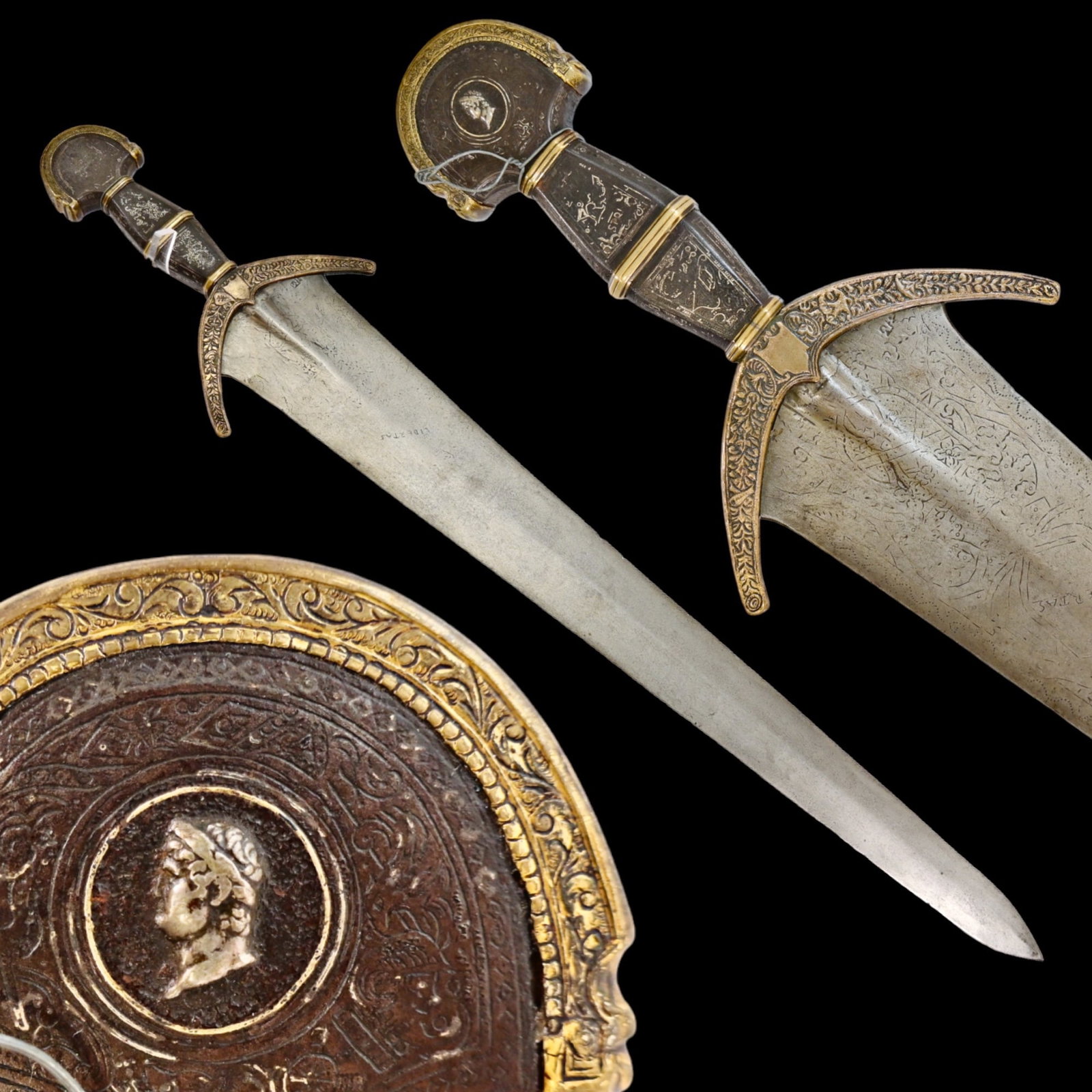 Very Rare 16th century Italian Aristocrats CHINQUEDA Short Sword, inlaid with silver, large size.: A 16TH CENTURY ITALIAN CINQUEDEA OR SHORT SWORD. The steel blade has a facet in the centre. The base of the blade is engraved and bears the inscription "Libertos", the bladesmith's mark, near the guar