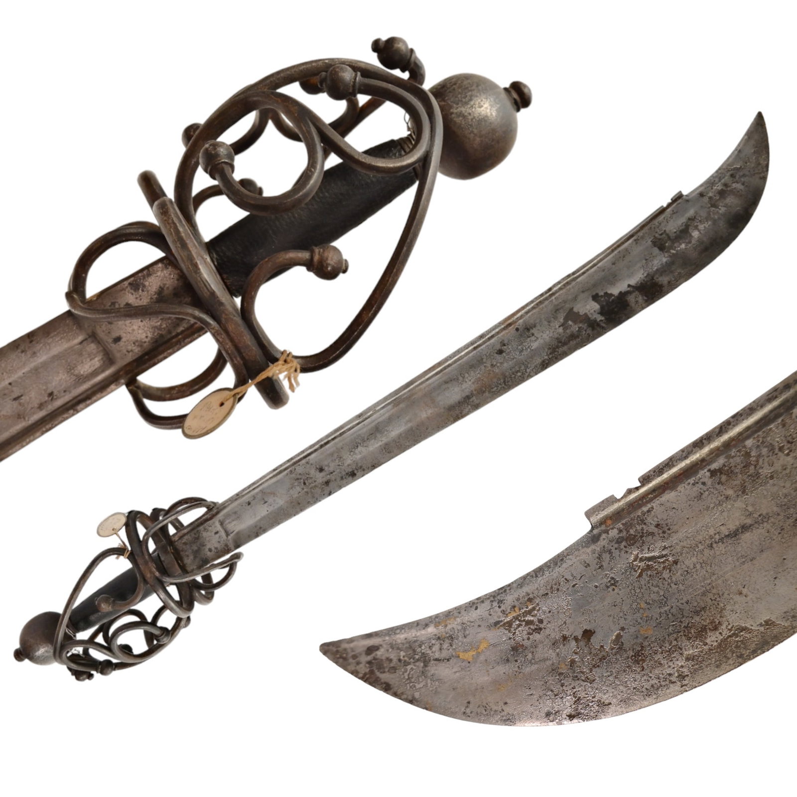 Very Rare Important Medieval 16th Century, Italy or German FALCHION Sword.: Very Rare Important Medieval 16th Century, Italy or German FALCHION Sword. Magnificent sword with a wrought iron basket form hilt, the blade featuring two fullers, one large fuller at the center of th