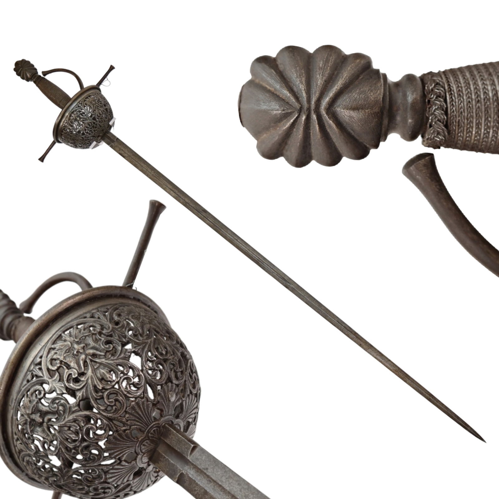 Spanish Cup-hilt Rapier Sword "Taza" with Elaborate Open Work, in the style of the 17th ?.: Spanish Cup-hilt Rapier Sword "Taza" with Elaborate Open Work, in the style of the 17th century. Steel, straight blade with one fuller on each side. The handle is made of wood entwined with silver wir