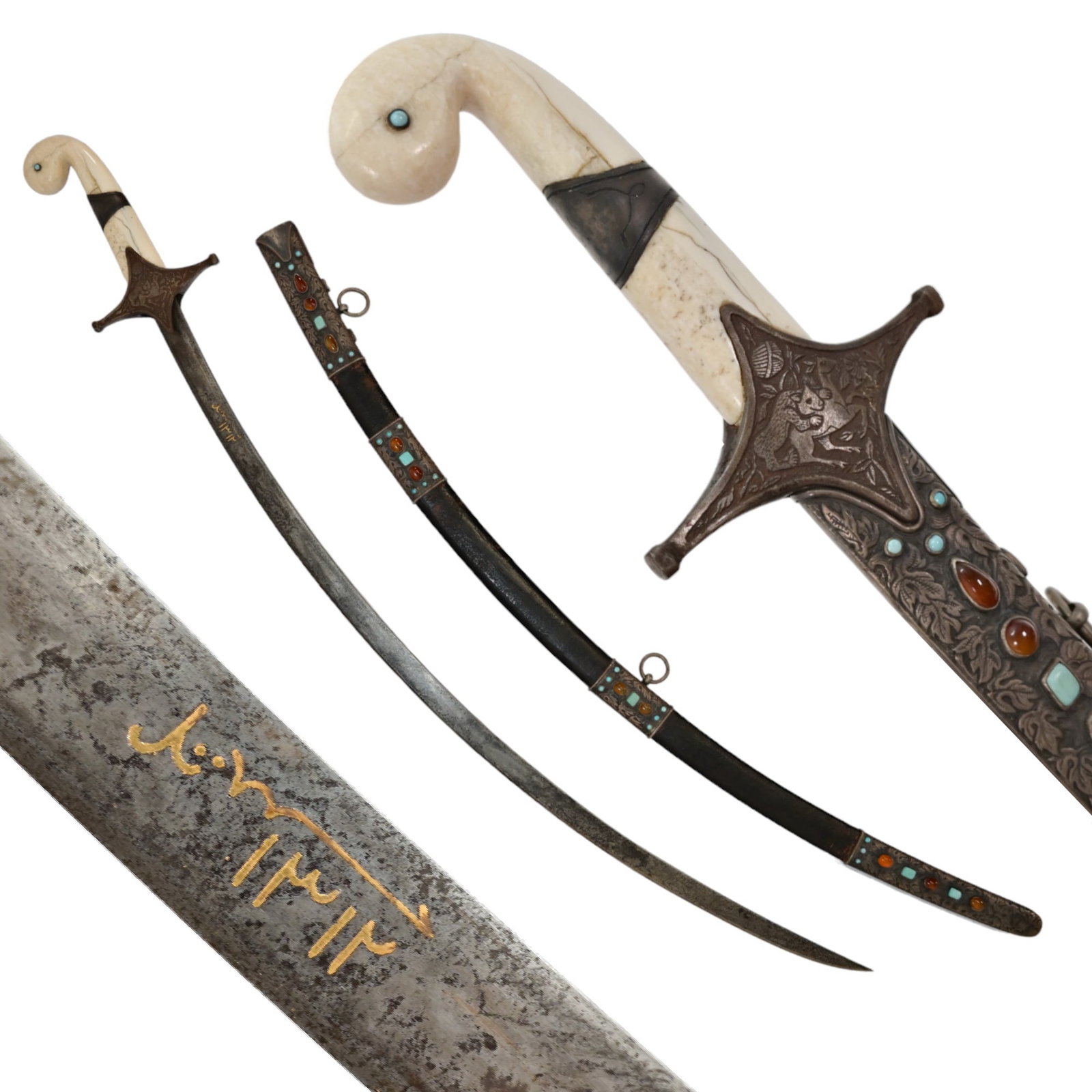 Very rare ceremonial Persian saber in the box, 1894, silver, turquoise, carnelian, wooden case with: Very rare ceremonial Persian saber, 1894, silver, turquoise, carnelian, wooden case with velvet. The narrow steel blade has a gold inlaid signature in Arabic and the date 1312 (1894). The bone handle 