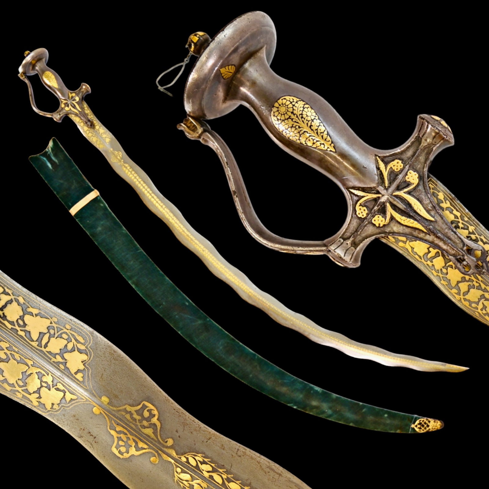 Beautiful Mughal shamshir with wootz blade and golden kofgari, 18-19 century.: Beautiful Mughal shamshir with wootz blade and golden kofgari, 18-19 century. The steel hilt chiseled and heavily overlaid in silver, with fine floral panels inlaid in gold, the integral knuckelbow te