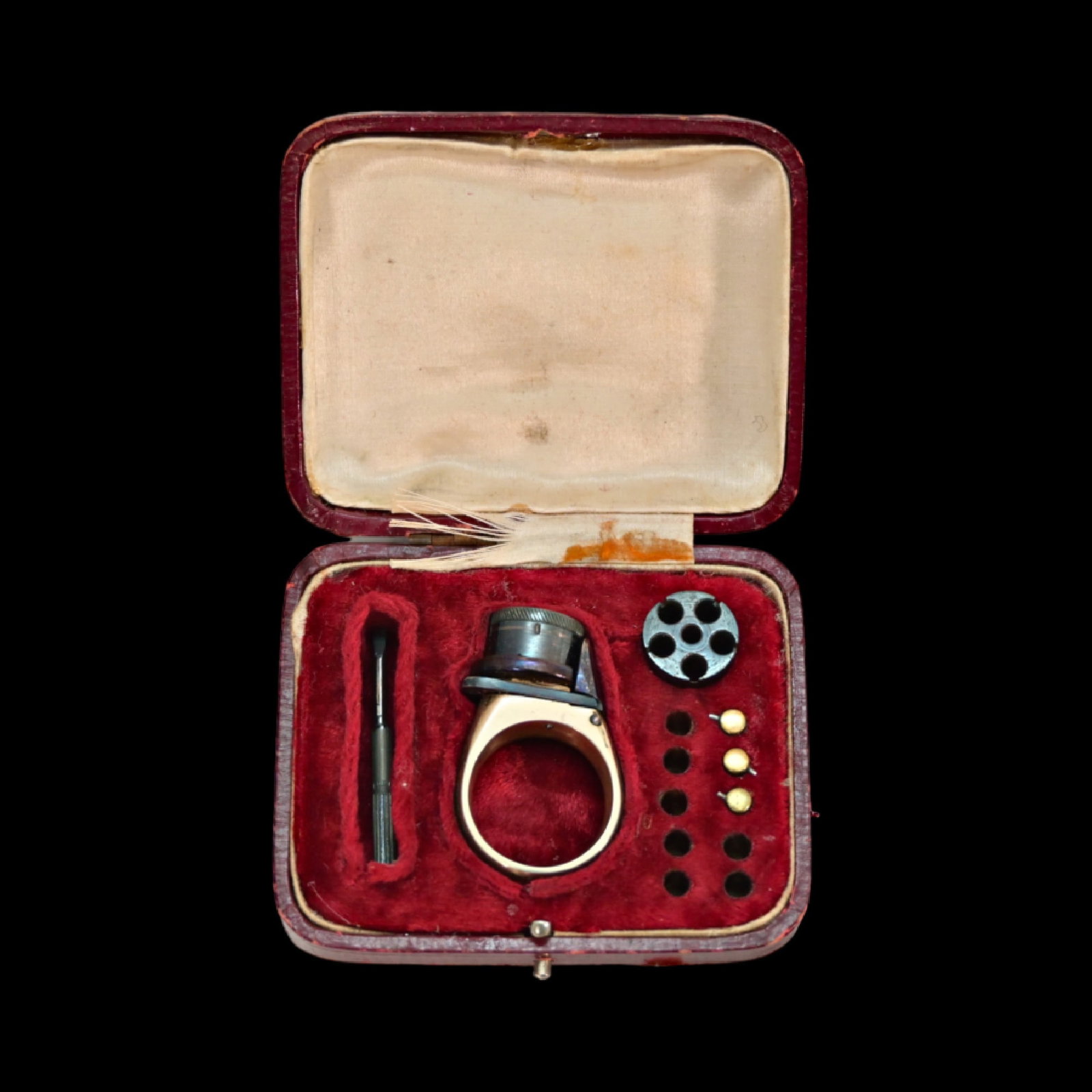 Miniature ring-revolver for a pin-fire cartridge.: Miniature ring-revolver for a pin-fire cartridge. In original case. Spare barrel. Screwdriver. Inscription "Imperial Protector"