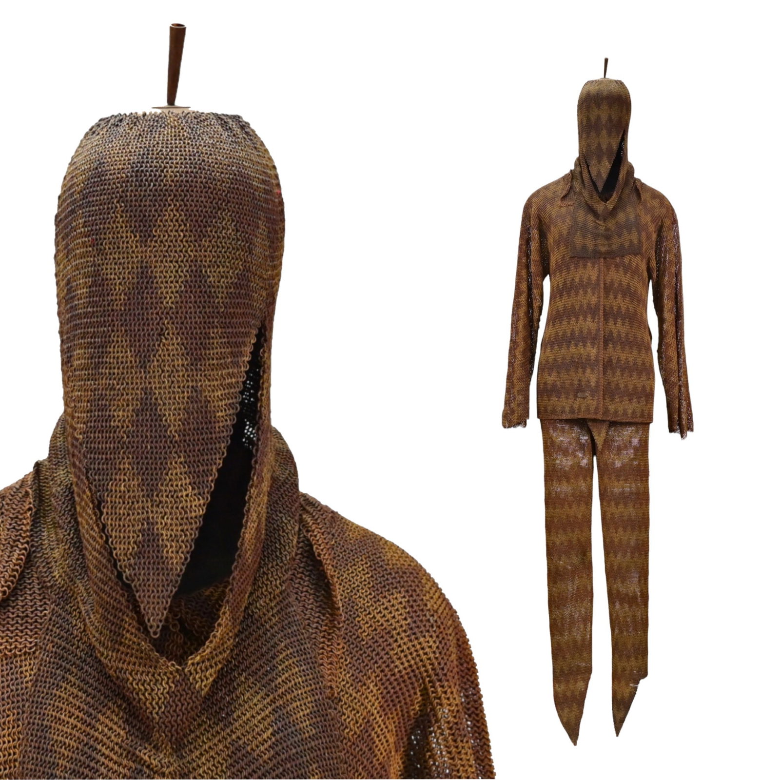 A rare piece of Mughal armor set, KULAH ZIRAH MAIL HELMET, CHAIN MAIL and CHAIN MAIL TROUSERS.: A rare piece of Mughal armor set, KULAH ZIRAH MAIL HELMET, CHAIN MAIL and CHAIN MAIL TROUSERS. The chainmail is masterfully crafted, small butted iron and brass rings worked in a repeating lozenge pat