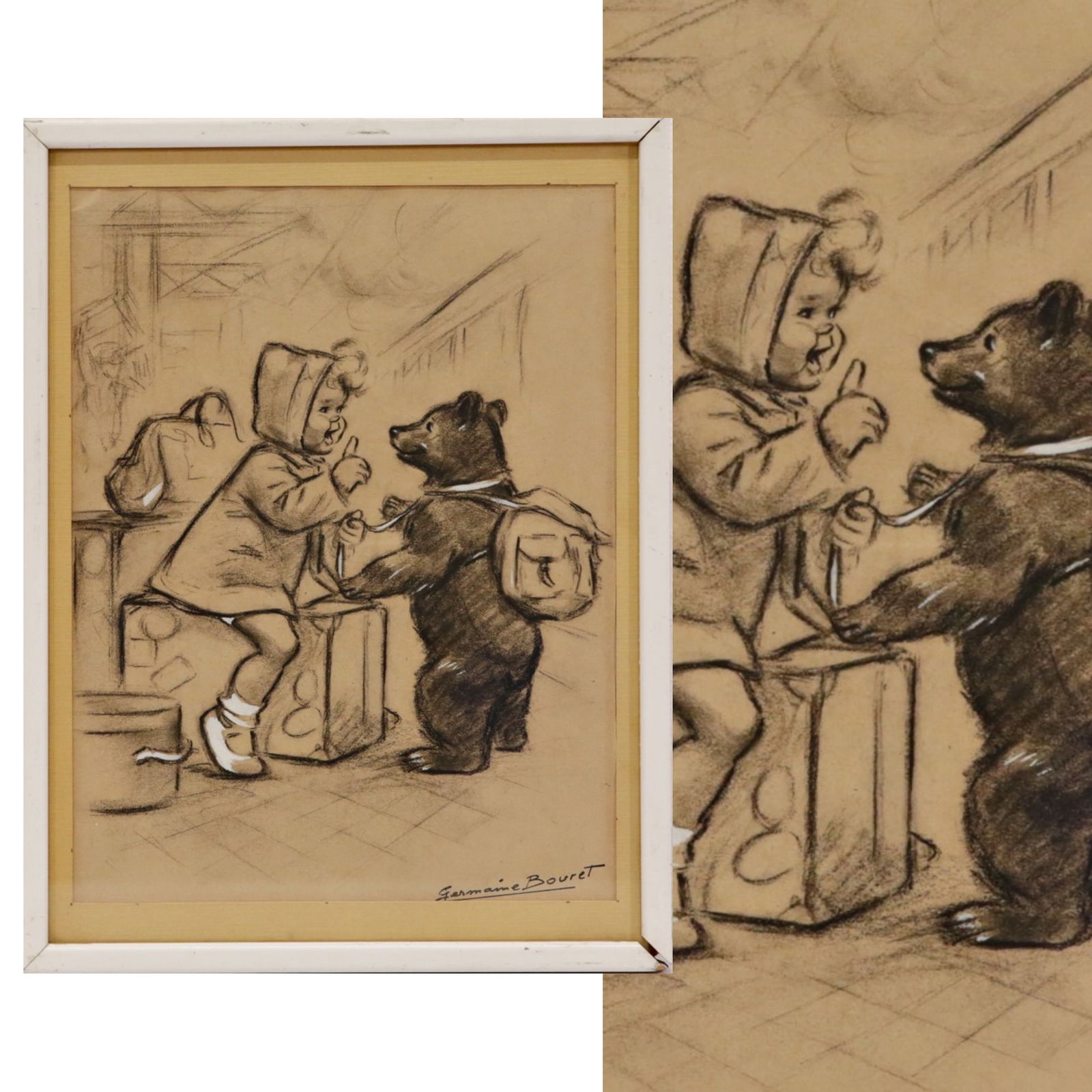 Germaine BOURET (1907-1953) "Child and bear", charcoal drawing and gouache, French, 20th C. (1 of 6)