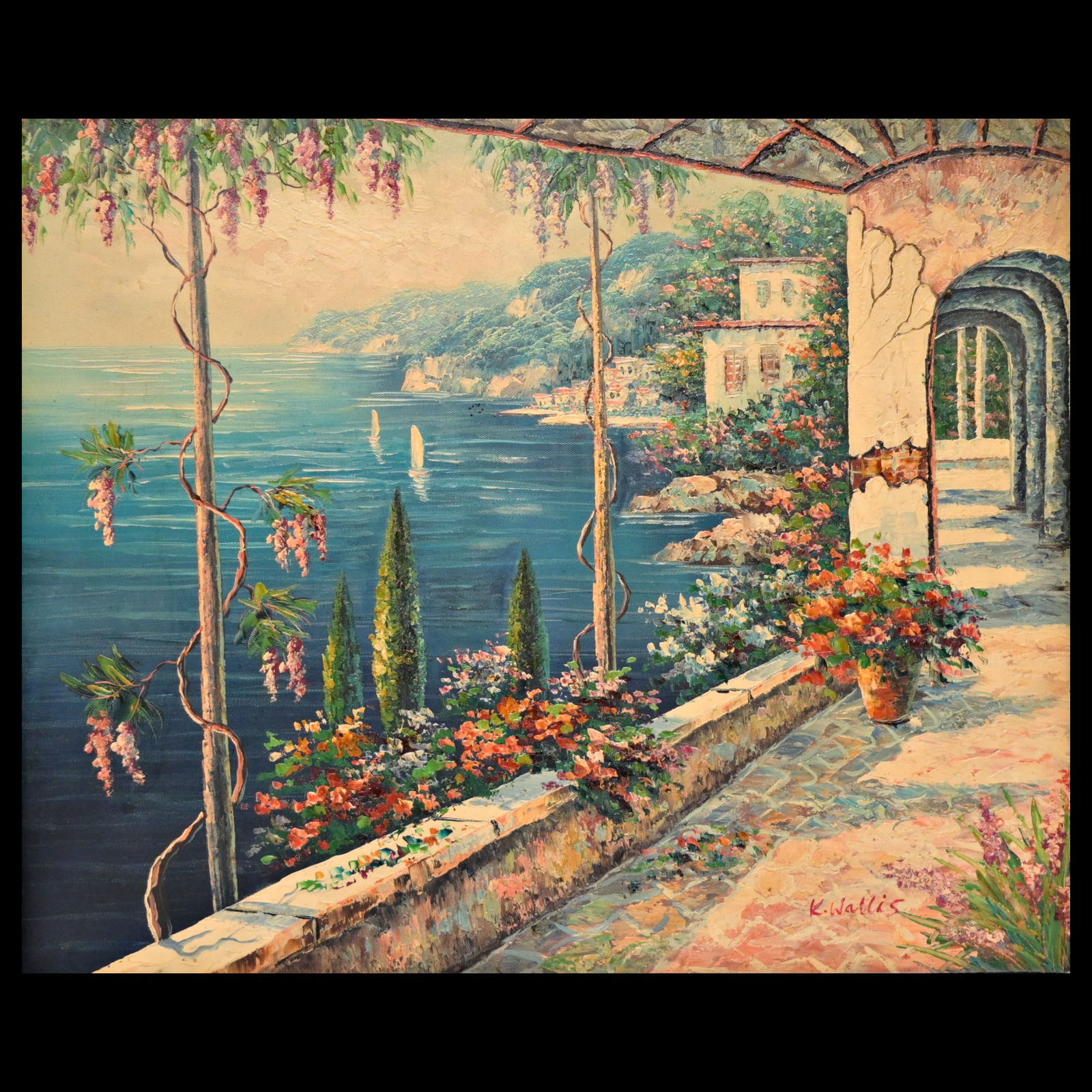 Kent R. Wallis (1945), Coastal Scene, Oil on Canvas, signed front, American painting of the 20th C.: Kent R. Wallis (1945), Coastal Scene, Oil on Canvas, signed front, American painting of the 20th C. Neo-impressionist artist Kent R. Wallis is one of the hundred most revered artists of Utah, America.